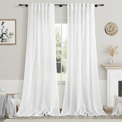 White Linen Curtains 96 Inches Long 2 Panels Set Back Tab Rod Pocket Semi Sheer by Nanspring