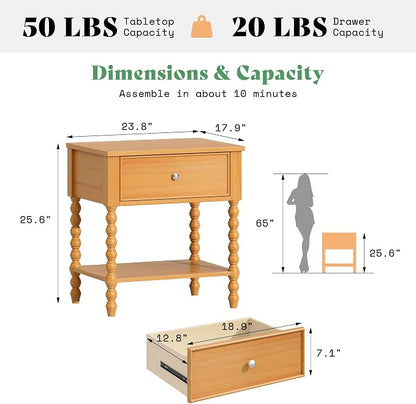 AMERLIFE 24" Wood Nightstand Set of 2, Vintage Bedside Table - Image 2