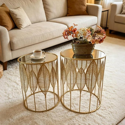 Homebeez Gold Nesting Tables Set of 2, Glam Leaf Design Round End Table - Image 2