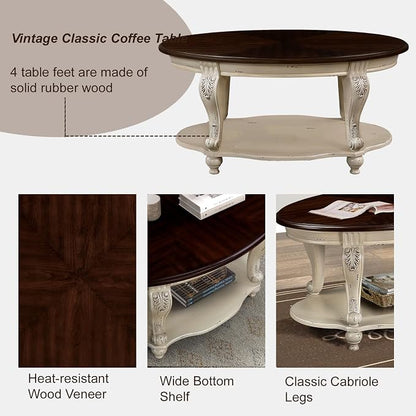 Oval Wood Coffee Table for Living Room, 2-Tier Solid Wood Coffee Table - Image 5
