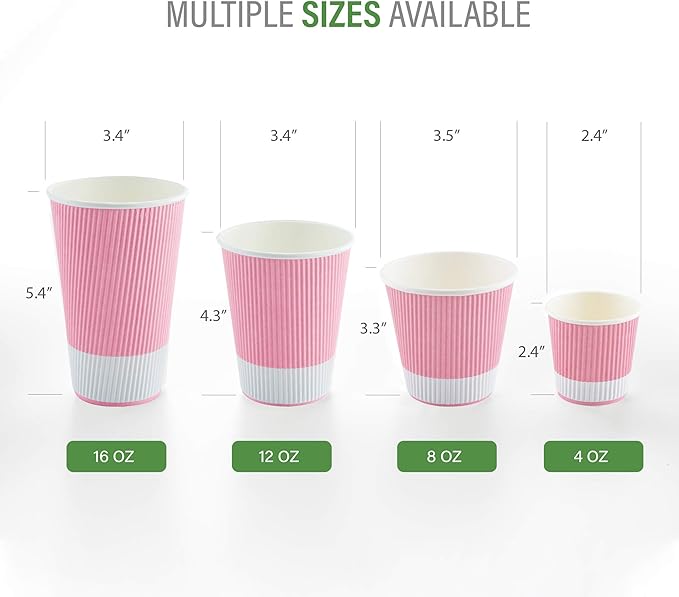 Restaurantware 4 Ounce Ripple Insulated Coffee Cups, 500 Double Wall Corrugated Tumblers, Leakproof, Non-Slip Light Pink Paper Design, Recyclable, Ribbed Surface, Matching Lids Sold Separately