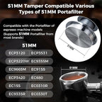 IKAPE 51MM Espresso Tamper Kit Silver 8 IN 1, Coffee Tamper Set comprising a Tamper, Distributor, Magnetic Dosing Funnel, Puck Screen, Station, WDT Tool, along with a Cleaning Towel and Brush