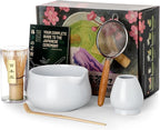 Nucookery Matcha Set - 5PCS Matcha Whisk Set, 18OZ Matcha Bowl (Chawan) with Spout, Matcha Whisk (Chasen) and Holder, Bamboo Matcha Scoop and Sifter, Matcha Kit/Tools/Accessories for Tea Ceremony