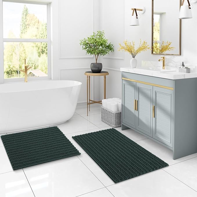 Arotive Luxury Chenille Bathroom Rug Mat, Extra Soft Thick Absorbent Shaggy Bath Rugs, Non-Slip Machine Wash Dry, Plush Bath Mats for Bathroom, Shower and Tub, 47x20, Dark Green