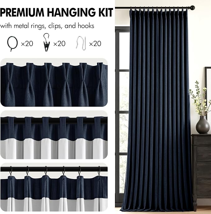 MIULEE Navy Blue Pinch Pleated 100% Blackout Linen Curtains 40x90 Inches | Room - Image 8