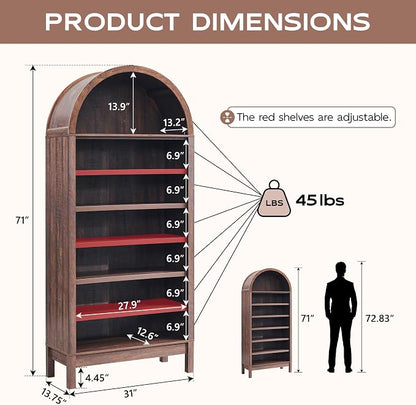 IFGET 71" Tall Arched Bookshelf, 7 Tiers Arch Bookcase - Image 2