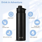 HASLE OUTFITTERS Insulated Water Bottle 22 oz Double Wall Stainless Steel Water Bottle Wide Mouth with Straw Lid & Spout Lid Keeps Cold or Hot(Black,4)