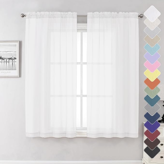 White Sheer Curtains 63 Inch Length 2 Panels, Elegant Voile Drapes by Lecloud