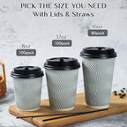 MUCHII 8 oz Disposable Paper Coffee Cups, 100 Count Insulated Ripple To Go Cups With Lids and Straws for Tea, Hot Chocolate, and Drinks