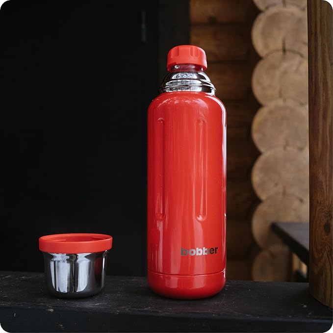 BOBBER 26 oz Stainless Steel Heavy Duty Thermos for Hot and Cold Drinks – Dishwasher Safe Insulated Water Bottle with Cup Lid – Keeps Hot for 36 Hours – Leak-Proof Rugged Thermos with Screw Lid (Red)