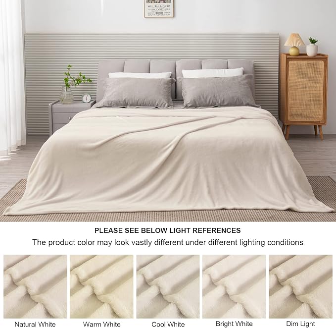 BEDELITE Fleece Blanket Soft Plush Queen Size Bed Blanket Beige 90"x90" | Ultra - Image 3