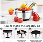TeamFar Mixing Bowls with Lids Set, 7/3.5/2.5/1.5/1 QT, Stainless Steel Large Metal Salad Nesting Bowl, Non-Slip Silicone Bottom & Airtight Lid, Healthy & Deep - Set of 5(Black)