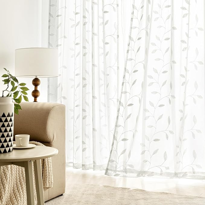MIULEE Ivory Sheer Kitchen Curtains 30x36 Inches Length 2 Panels Embroidered - Image 3