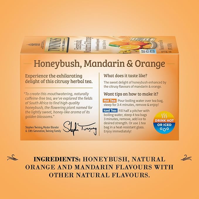 Twinings Honeybush, Mandarin, & Orange Herbal Tea Individually Wrapped Bags, 20 Count (Pack of 1), Naturally Caffeine-Free, Enjoy Hot or Iced, 20 Teabags