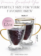 Sister.ly Drinkware, Hammered Double Wall Glass Coffee Cups with Gold Rim and Gold Handle, Insulated Glass Coffee Mugs, Set of 2, 12 ounces. Perfect for Espresso, Latte, Tea, Irish Coffee
