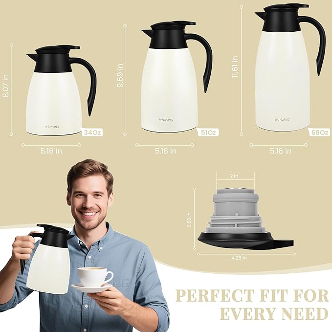 34 Oz Thermal Coffee Carafe, Stainless Steel Insulated Vacuum coffee crafts to keep coffee hot, 1 Liter Tea Water Coffee and Beverage Dispenser (Cream)