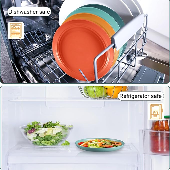 12 Pcs Unbreakable Deep Dessert Plates Set, 8 inch Reusable Plastic Wheat Straw Plates, Microwave and Dishwasher Safe Plate for Kitchen, Lightweight Plate for Dessert, BPA Free, Dark Green