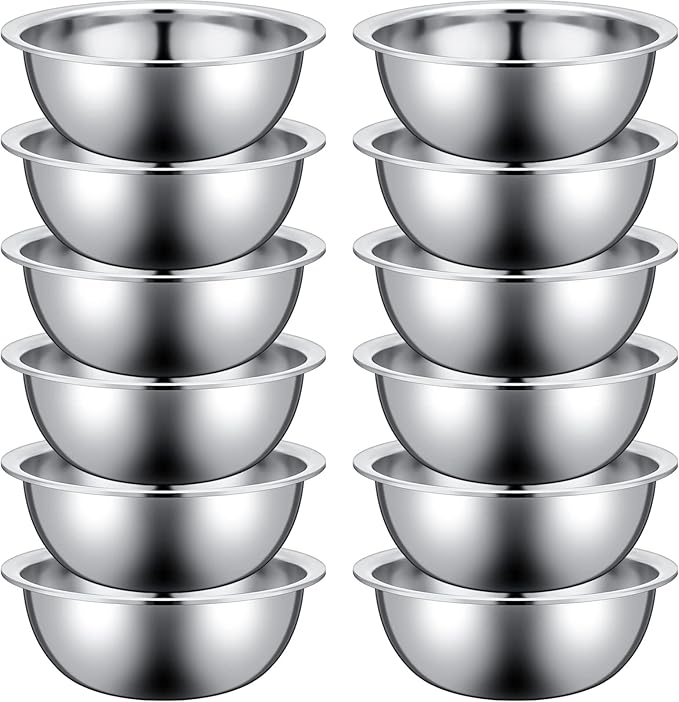 Pinkunn Set of 12 Stainless Steel Mixing Bowls, Nesting Metal Prep Salad Bowl Bulk Kitchen Large Reusable Baking Food Container for Hotel Restaurant Home Cooking, Silver(11.8 x 3.74 Inch)