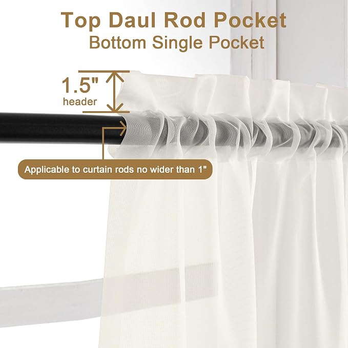Chyhomenyc Ivory Sheer Curtains 30 inch Length 2 Panels, Light Filtering Voile - Image 3