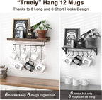 Coffee Mug Holder Organizer 2 Pack with 12 Mug Hooks Mug Rack Wall Mounted with Coffee Bar Sign Farmhouse Coffee Accessories and Organizer with Metal Basket Floating Shelves for Wall Weathered Walnut