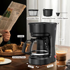 5-Cup Drip Coffee Maker, Compact Coffee Machine with Food-grade Glass Carafe, Always Keep Warm with Manual Switch, Delay Brew, 25oz Water Reservoir, Ideal for Home/Office/Travel/Outdoor - Black