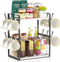 EsLuker.ly 2 Tier Coffee Mug Holder Station Bar Organizer Countertop, Mug Cup Tree Rack for Kitchen Office, Storage Shelf with 12 Hooks, Creat Stylish Coffee Corner, White-Black