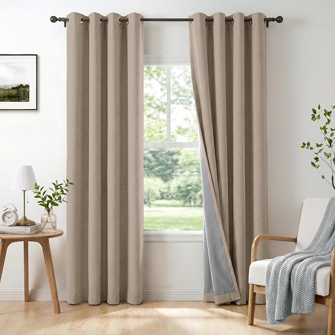 100% Blackout Linen Textured Curtains 96 Inch Long, Burlywood Birch | 100% by 100BlackoutShield