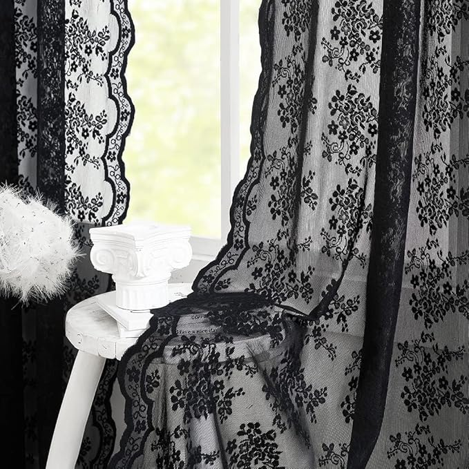 YJ YANJUN Vintage Lace Curtains 90 Inches Long- Victorian Floral Pattern Black by YJYANJUN