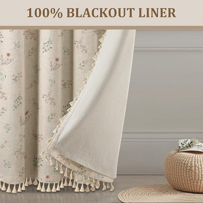 Boho Floral 100% Blackout Curtains 90 Inch 2 Panels Linen Texture | Farmhouse - Image 6