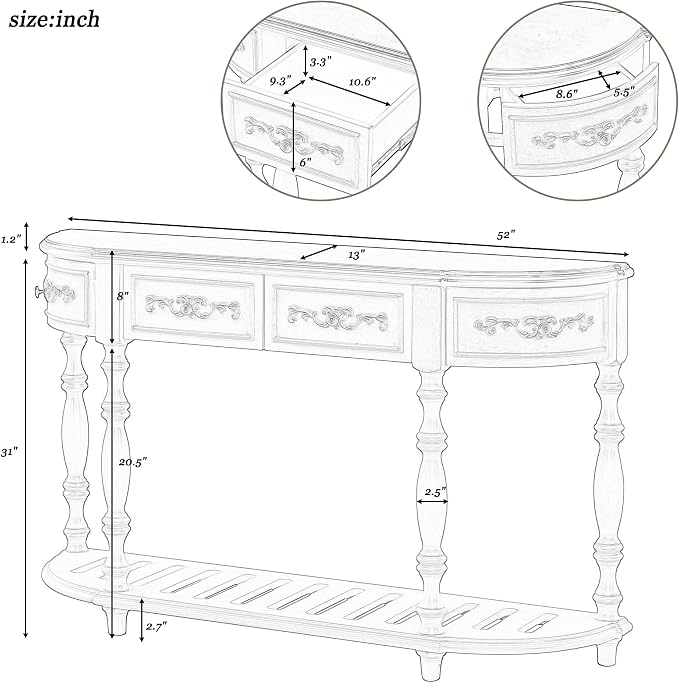 Retro Wood Curved Entryway Console Table 52-Inch Half Moon Hall Sofa Table - Image 2