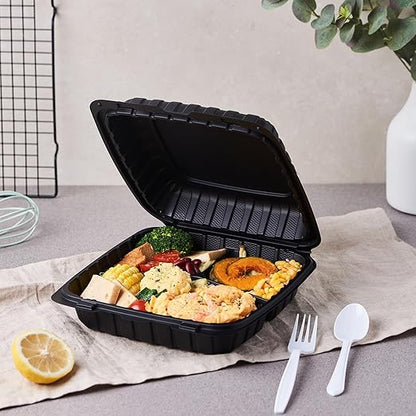 FULING 9X9 3-Compartment 50-Pack Plastic Clamshell Takeout Food Trays Heavy Duty Togo Disposable Box For Pasta Salad Sandwich Carryout Hinged Containers With Secure Snap Lid