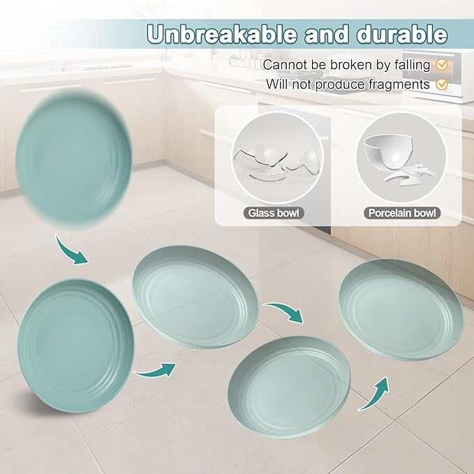 12 Pcs Unbreakable Deep Dessert Plates Set, 8 inch Reusable Plastic Wheat Straw Plates, Microwave and Dishwasher Safe Plate for Kitchen, Lightweight Plate for Dessert, BPA Free, 6 Colors