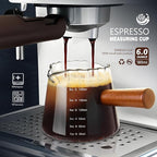 Double V-Spout Espresso Shots Cup (6OZ) with Wooden Handle - Left & Right Handed | Milk Frothing Pitcher & Measuring Cup | Espresso Accessories Set with Bonus Walnut Stirrer
