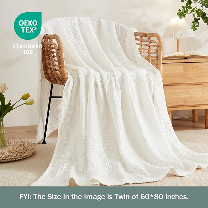 EMME Cotton Muslin King Blanket 4 Layer，Oversized Gauze Bedspread Coverlet - Image 3