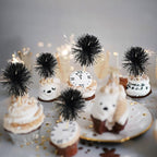 Gyufise 30Pcs Foil Firework Cupcake Toppers Sparkle Tinsel Cake Toppers Tinsel Drink Cake Decoration Cocktail Picks for Birthday Wedding Graduation Party Supplies Black