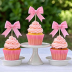 24Pcs Pink Bow Cupcake Toppers - Pink Bow Cake Topper Birthday Decorations, Bowknot Cupcake Picks for Coquette Bow Theme Party Decoration Bachelorette Bridal Engagement Wedding Baby Shower Party Decor