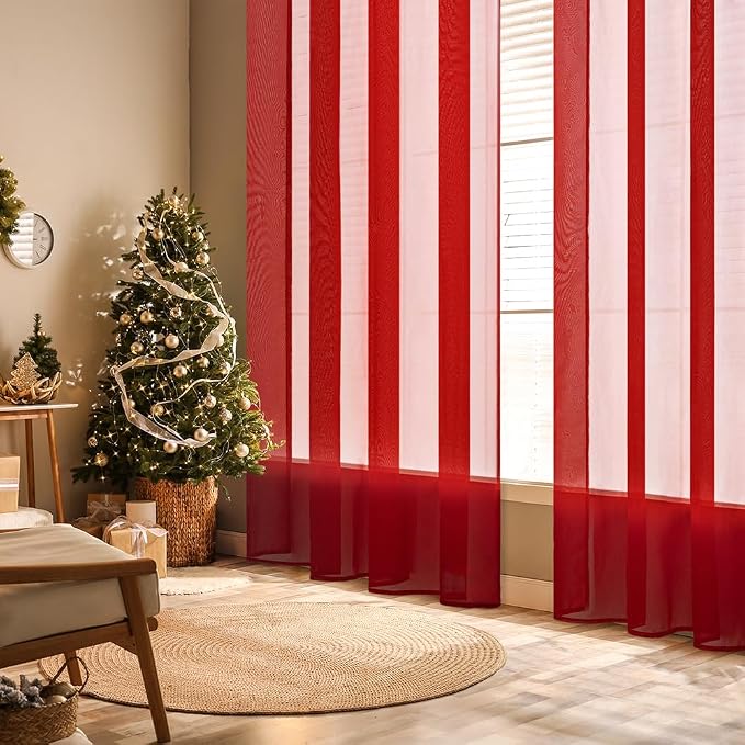 MIULEE 2 Panels Red Sheer Christmas Window Curtains 54 X 72 Inches | Solid Color - Image 2