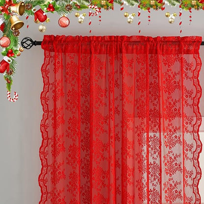 YJ YANJUN Vintage Lace Curtains 84 Inches Long-Victorian Floral Pattern Red - Image 2