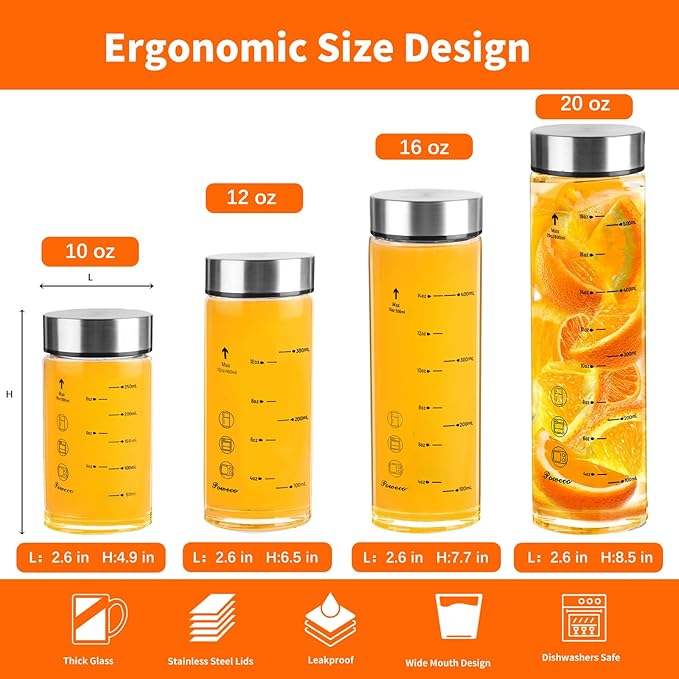 Glass Juice Bottles 4 Pack 10 oz - Wide Mouth Glass Water Bottles with Lids - for Juicing, Protein, Smoothie, Milk, Reusable, BPA Free, Stainless Steel Lids, Blender, Shaker Bottle [10oz/300ml]