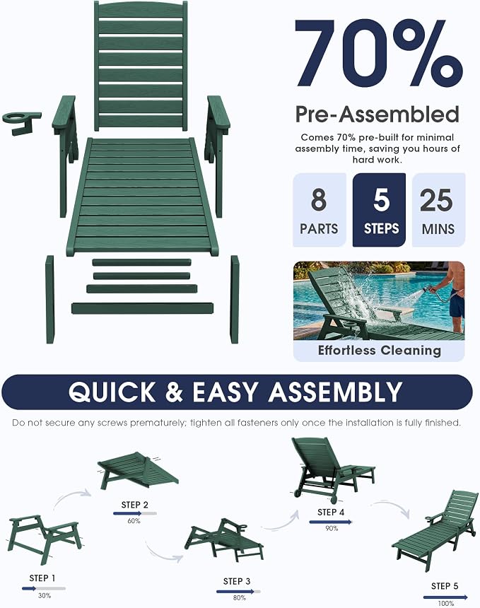 KINGYES HDPE Lounge Chair Outdoor Set of 2, Patio Chaise Lounge Recliner - Image 6