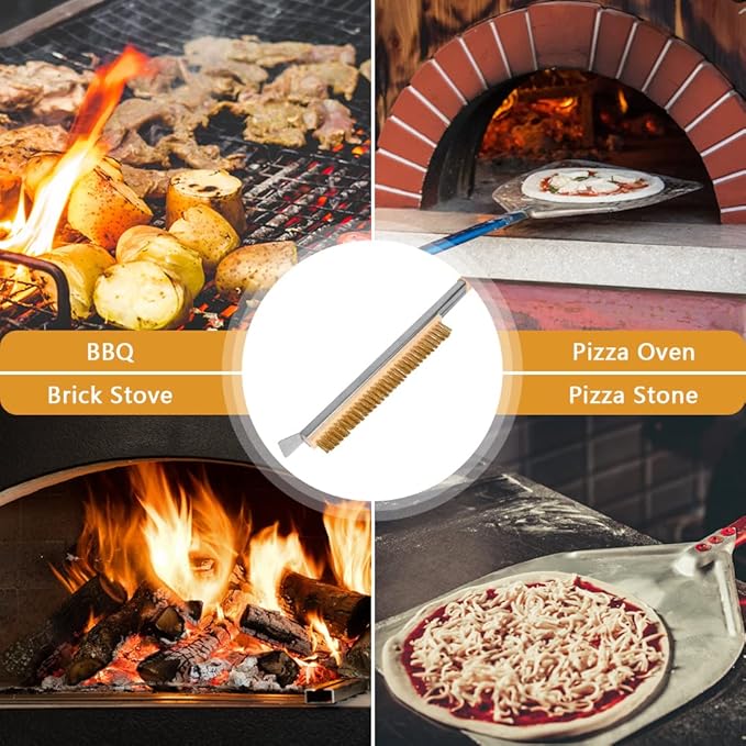 Pizza Oven Brush, 26" Brush and Stainless Steel Scraper for Pizza Stone, BBQ Grill Cleaning Brush Non Scratch Heat Proof Brass Bristles with Screwdriver, Outdoor Pizza Oven and Accessories