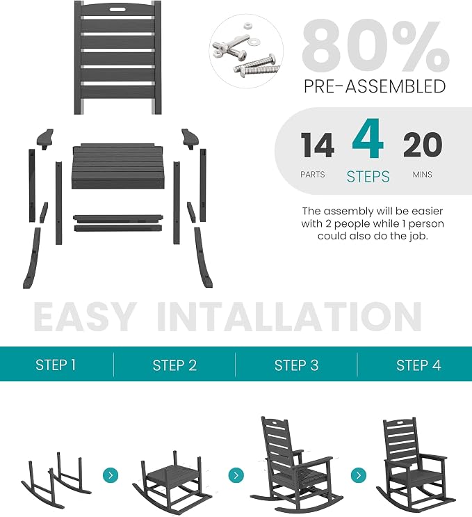 SERWALL Outdoor Rocking Chair Set of 4, Oversized HDPE Patio Rocking Chair - Image 8