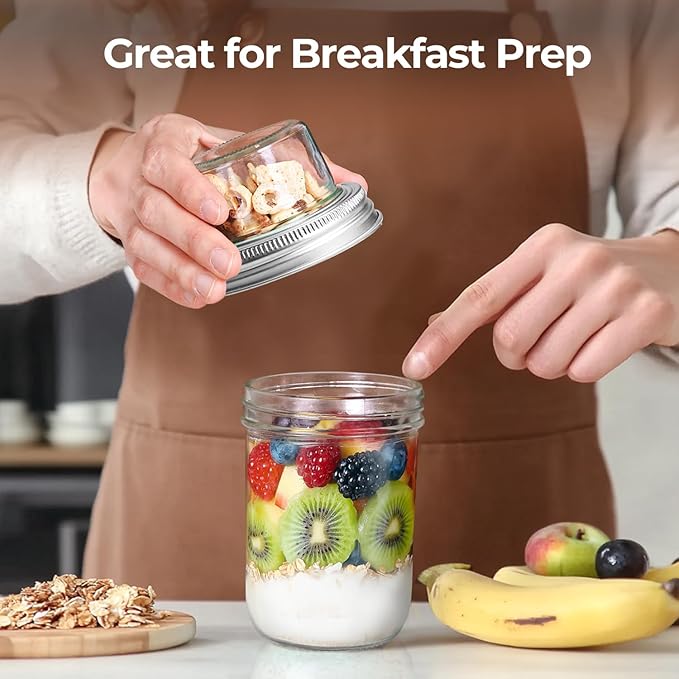 ComSaf Overnight Oats Containers with Lids (16OZ+4OZ, 2PCS) On-The-Go Dual-Laryer Yogurt Parfait Cups with Dry and Wet Separation Mason Jars for Chia Pudding Cereal Nut Fruit Meal Prep Salad