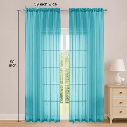 Turquoise Sheer Curtain 90 Inches Long 2 Panels Set, Solid Filmy Drapes - Image 2