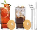 2 Pack of Glass Cups, 12 OZ Clear Glass Tumbler with Lid & Straw, Glass Iced Coffee Cup with Lids, Drinking Glasses Cups for Coffee, Juice, Tea, Cocktail