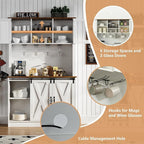 4ever2buy Farmhouse Coffee Bar Cabinet with 2 Glass Doors, 72'' White Bar Cabinet with Sliding Barn Door, Tall Wine Bar with 9 Racks, Coffee Bar Hutch with Storage for Living Room