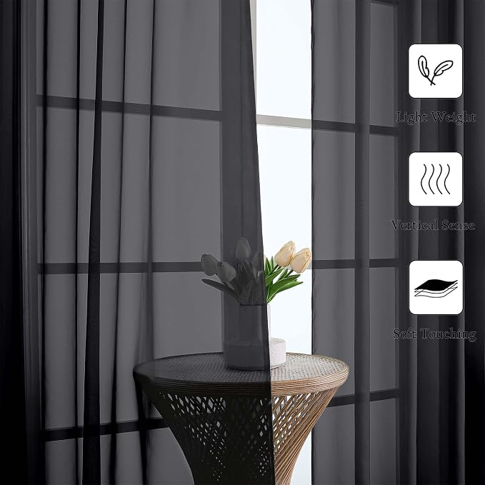 Black Sheer Curtains 108 Inches Long 2 Panels Set, Extra Wide Airy Voile Sheer - Image 3