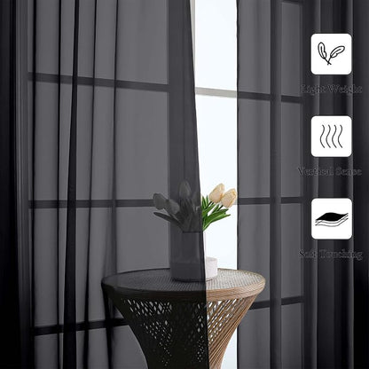 Black Sheer Curtains 96 Inches Long 2 Panels, Solid Airy Voile Dual Rod Pocket - Image 3