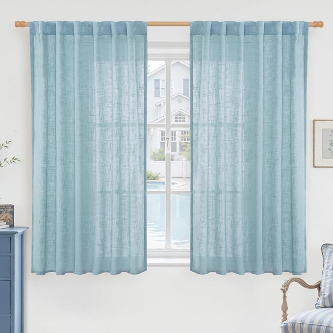 Stone Blue Linen Curtains 54 Inch Length 2 Panels by LAMIT