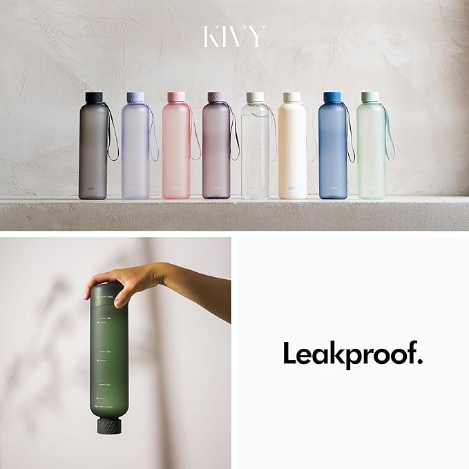 KIVY Slim Water Bottle 32oz [Lightweight & Shatterproof] Fits Backpack & Cupholder for Travel, Sports, School, Gym - Clear water bottle with measurements - Transparent Tritan Beige - Dishwasher Safe